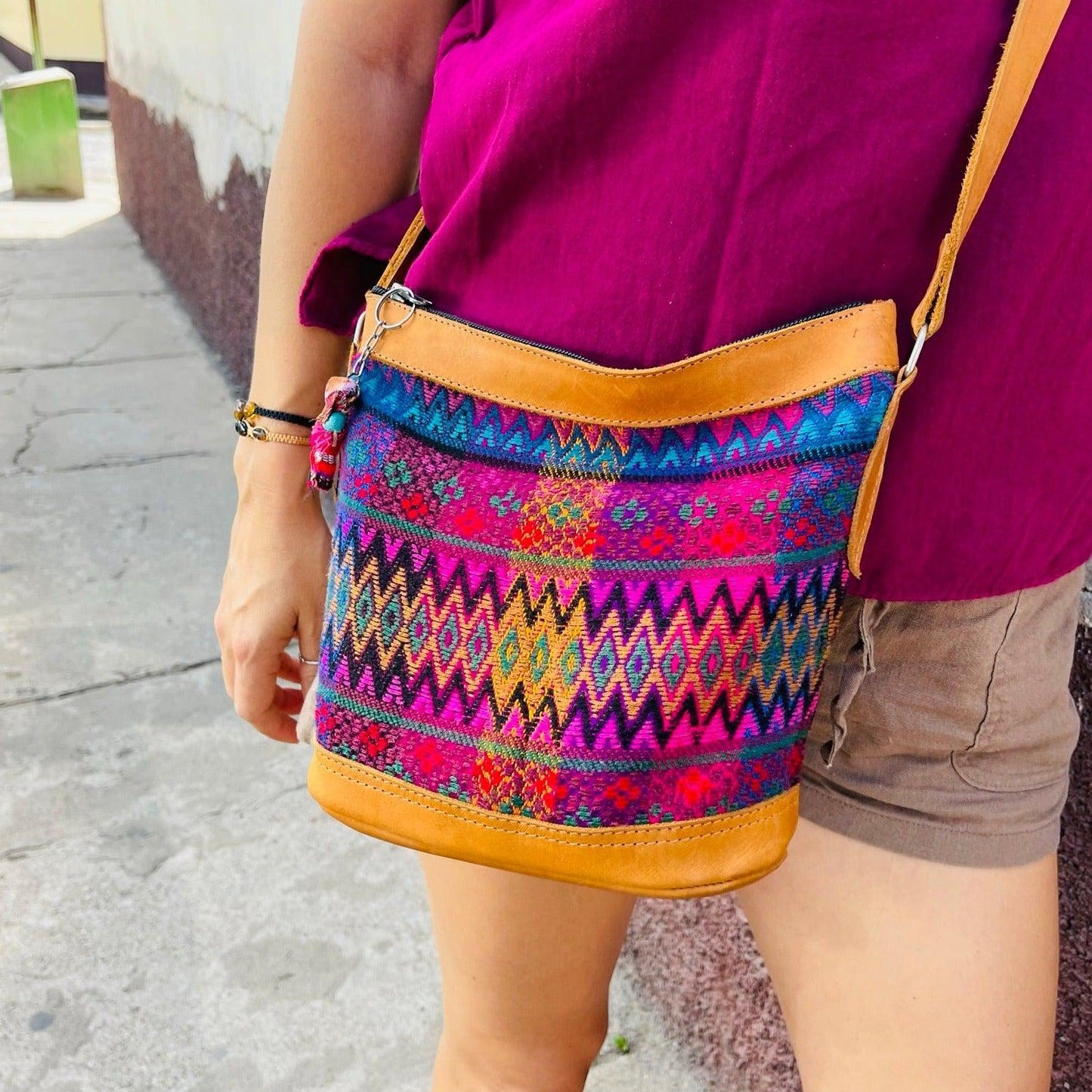 Huipil Upcycled Leather Crossbody Adjustable Strap Bag - Guatemala